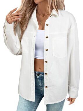 Women's White Oversized Long Sleeve Button Down Blouse Top V Neck Denim Shirt